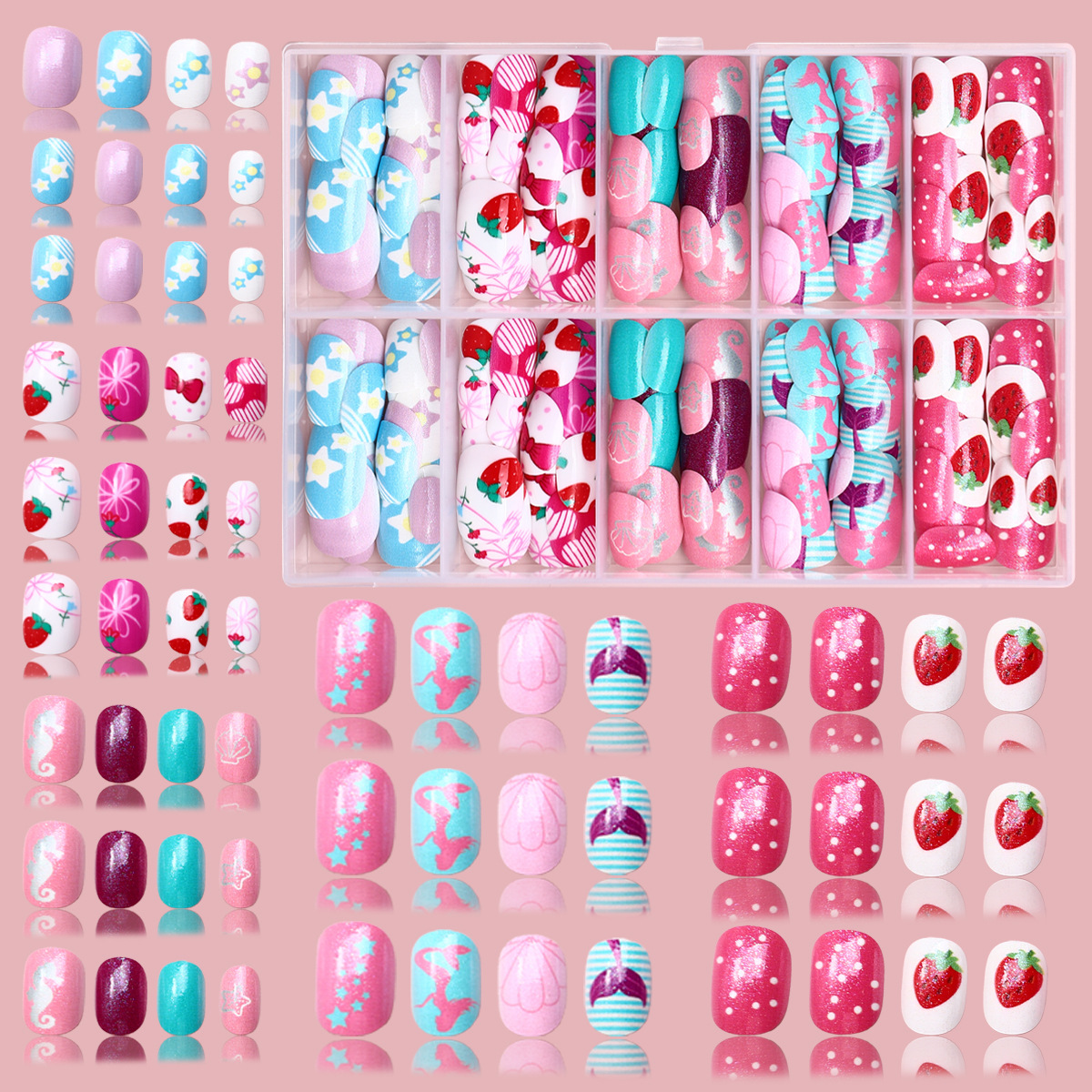 Nuevo niño impresión UV desgaste de uñas 120 piezas de caja de uñas falsas lindas dibujos animados mezclados parches de uñas