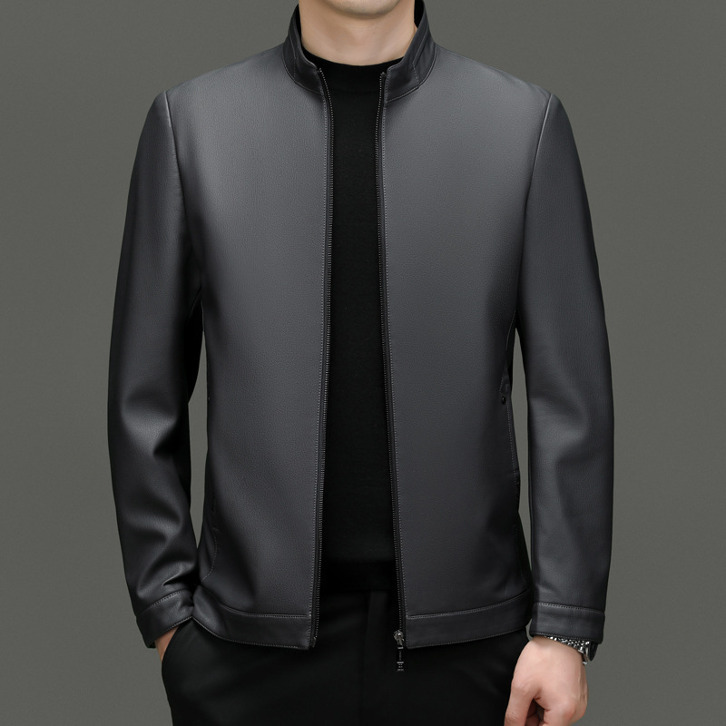 Monochrome Man- 2024 Early Spring New Haining American Fashion Stand Collar Middle-Aged Men's Trendy Leather Jacket Coat_voghion.com