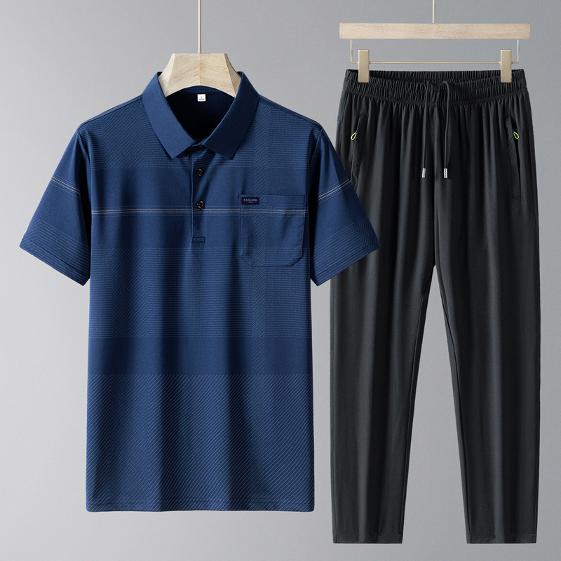 Traje de seda de hielo de verano para papá, camisa de polo de manga corta para hombres de mediana edad y ancianos, pantalones de secado rápido, traje casual de dos piezas de verano de mediana edad para hombres