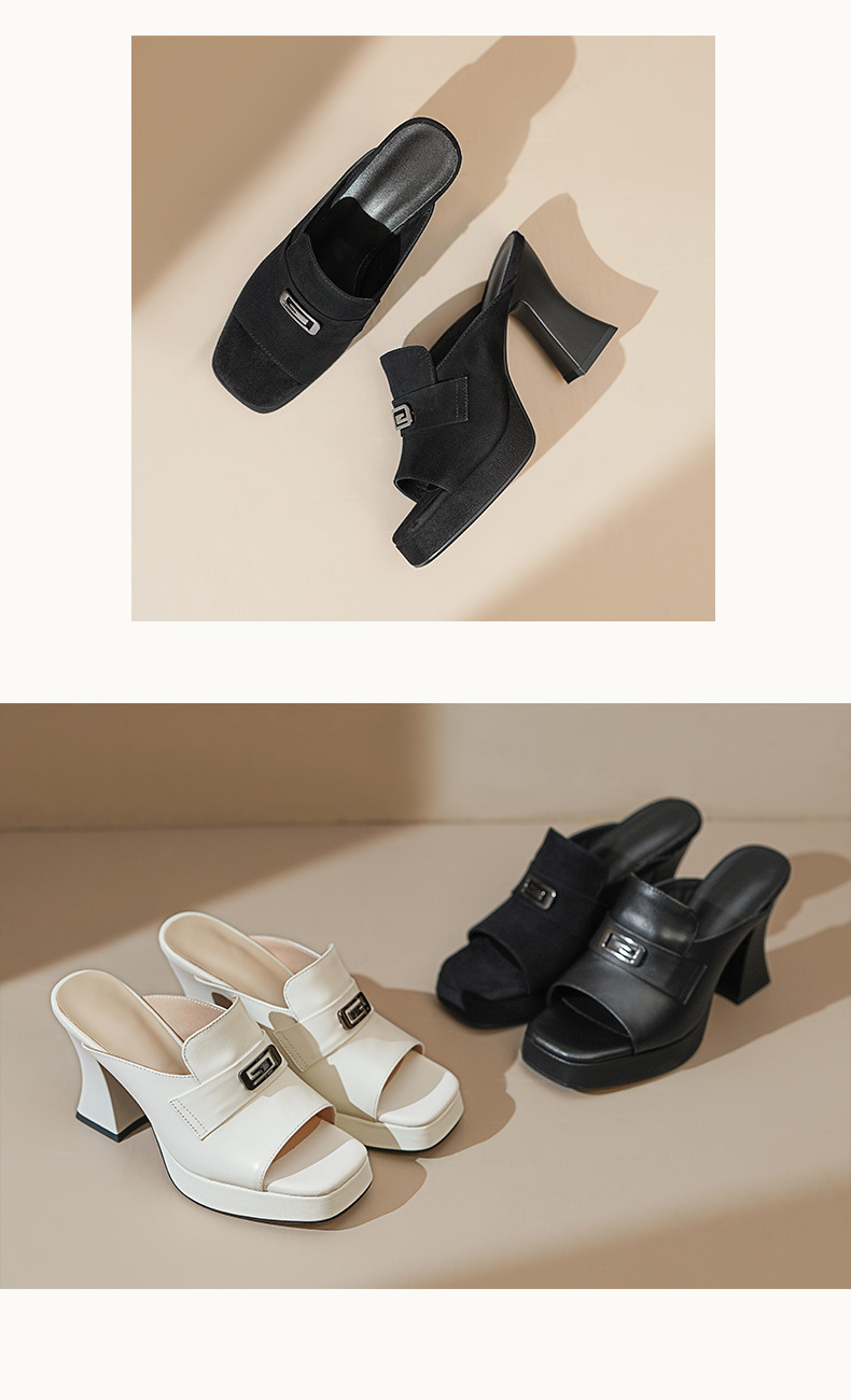 Sandal cao gót nữ mũi vuông hở mũi, gót 9 cm, đế xuồng dày, chất da thật — Da bò trắng kem, Da cừu lộn đen, Da bò đen chi tiết 6