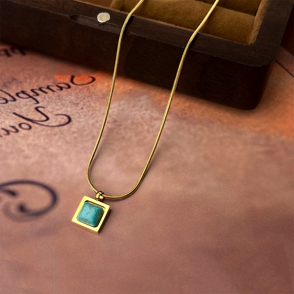 Vintage light medieval square geometric necklace synthetic turquoise clavicle chain light luxury literary high-end pendant