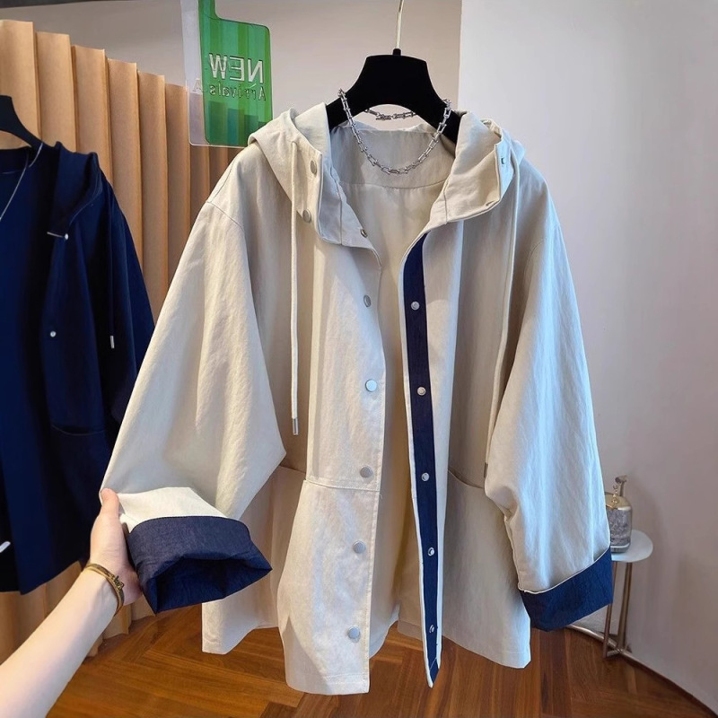 European-Style Plus-Size Trendy Color-Block Hooded Trench Coat for Spring and Autumn, Loose and Versatile High-End Niche Windbreaker Jacket