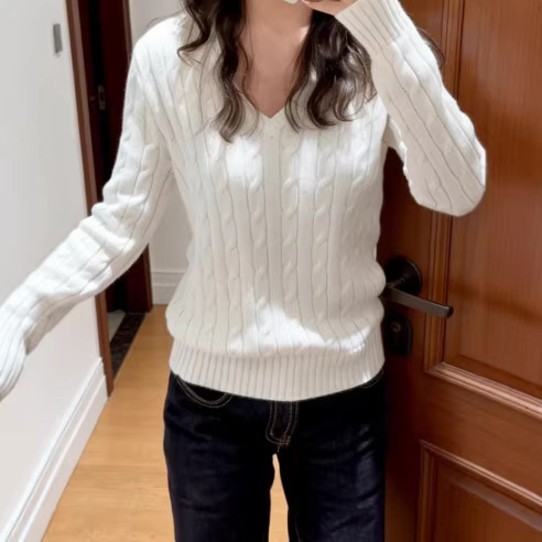 RL Ruff small horse logo embroidered lazy style pure cotton twist V-neck sweater women's top women's knitted new short