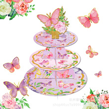 DT075亚马逊 金色 蝴蝶 立体花朵 生日派对一次性三层蛋糕台架子