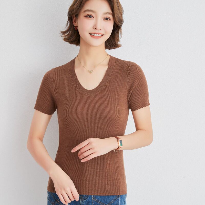 German Yangtze Yarn Series Spring and Summer 60 Worsted Fine Wool Boatneck U-shaped Elastic Short Sleeve All-match T-shirt for Women