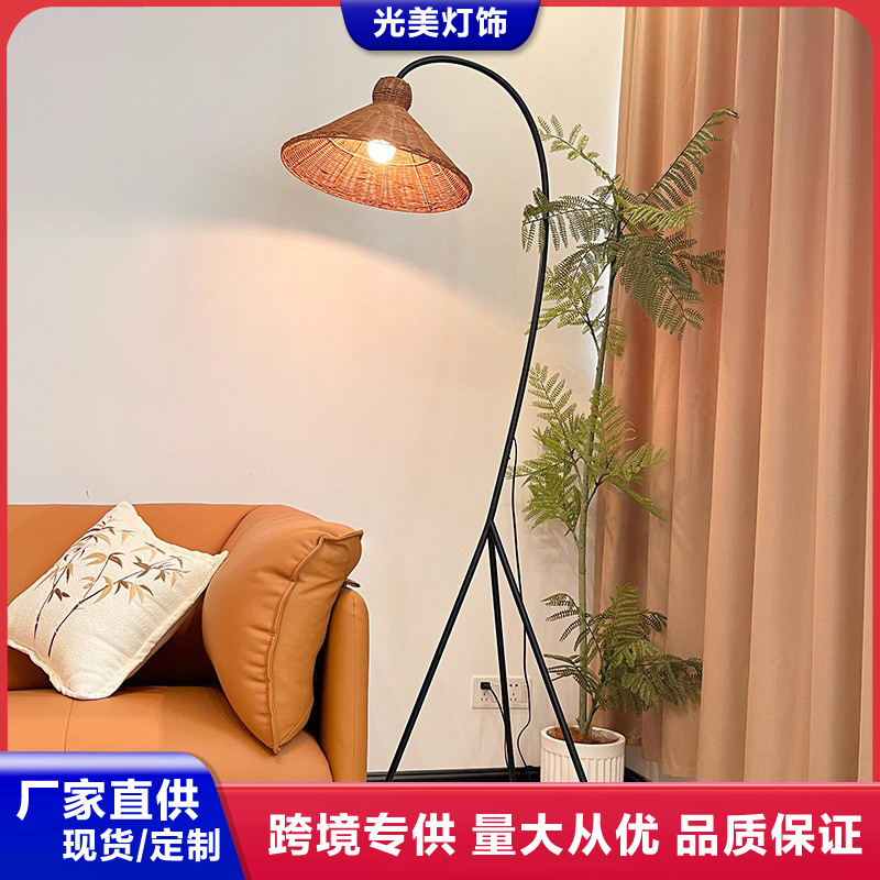 Rattan Floor Lamp Next to the Sofa in the Living Room 2025 New Mid-Century Style High-End Design Atmosphere Vertical Fishing Lamp