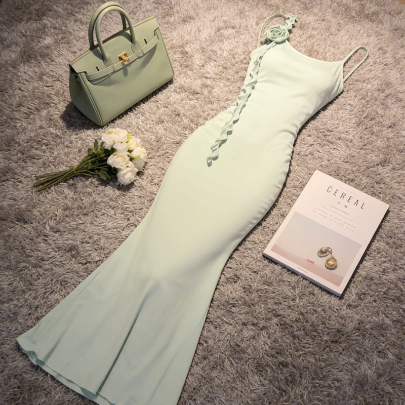 Mint Green One-Shoulder Floral Suspender Dress for Women, Summer High-End Slim-Fit Elegant Bodycon Fishtail Long Dress