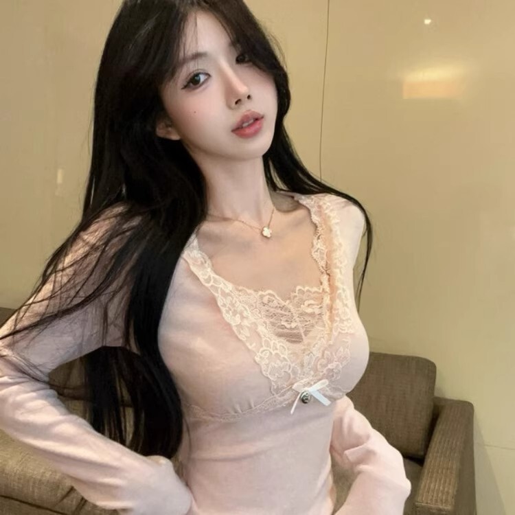 Pure Desire Hot Girl Sexy V-Neck Top Women's Autumn and Winter Christmas Pink Velvet Lace Bottoming Shirt Can Be Weared Inside or Out