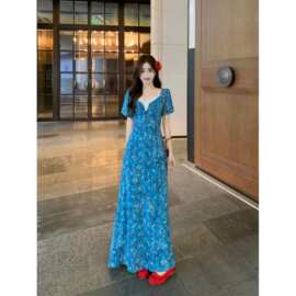 跨境大胖mm5夏季新法式气质V领碎花连衣裙女腰显瘦小众裙子图片色