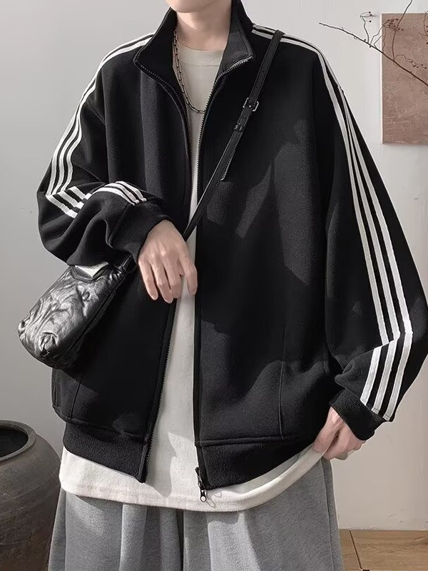 美式复古立领条纹卫衣男女秋冬双拉链开衫外套oversize运动夹克潮|undefined