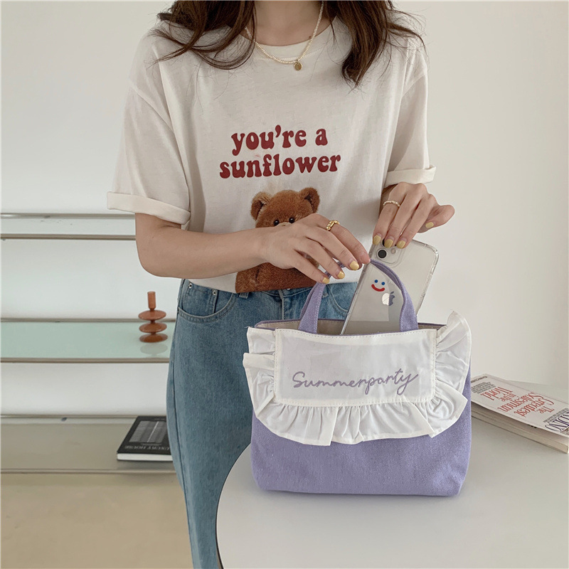 1441 Japanese and Korean chic Sweet ruffled bento Bag, Fresh embroidered hand-held small cloth bag, girl student bag wholesale undefined