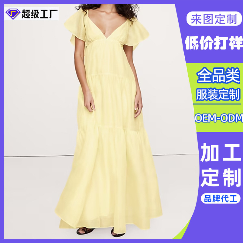 Dongguan Humen Factory Custom-Made Cross-Border Women's Ruffled Sleeves Deep V Yellow Maxi Dress