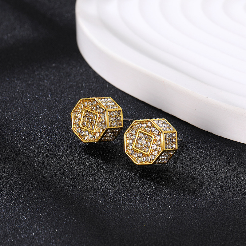 HIPHOP full diamond three-dimensional geometric earrings, personalized Instagram style fashion accessories, men's_voghion.com