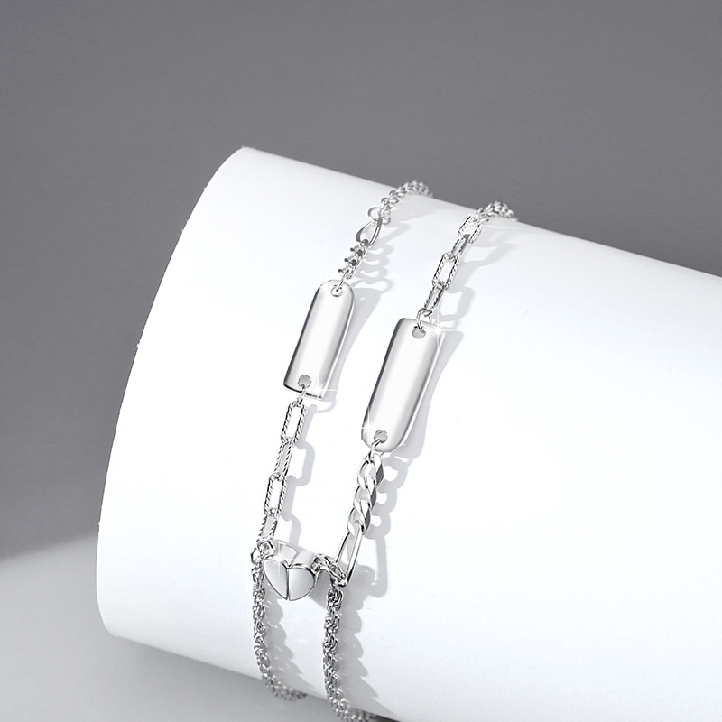 Pulsera magnética de plata pura S925 con forma de corazón para parejas, diseño de nicho, cadena ligera de lujo, estilo ins, colgante cuadrado, joyería