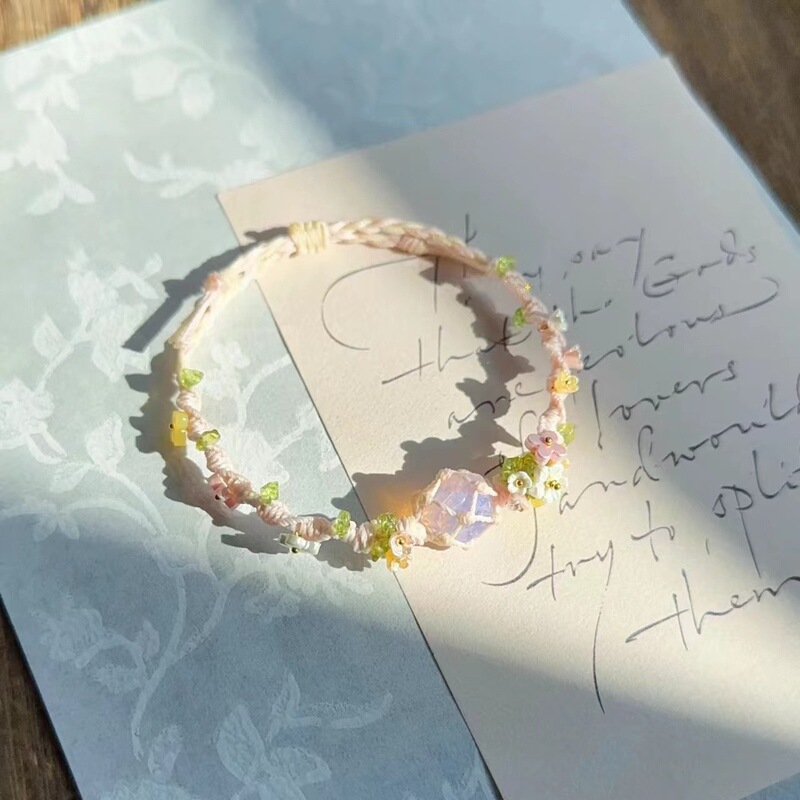 Original Hand-Woven Macrame Synthetic Opal Raw Stone Flower Bracelet Women's Mesh Bag Bracelet Gift