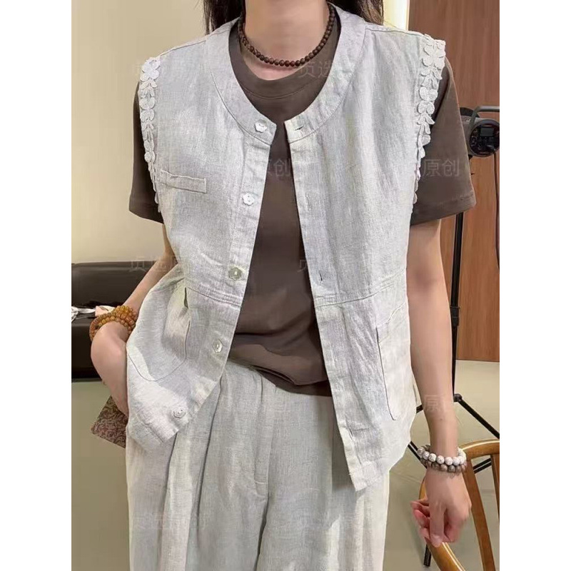 2025 Summer Commuting Women's Layered Cotton and Linen Vest Women's New Style Cuff Lace Slim Vest Summer Vest
