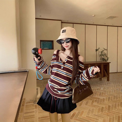 韩系撞色条纹拼接一字肩长袖T恤女2025秋季新款心机小众别致上衣