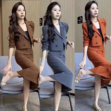 韩版秋季时尚新款西服领双排扣小上衣高腰显瘦包臀套装裙两件套潮