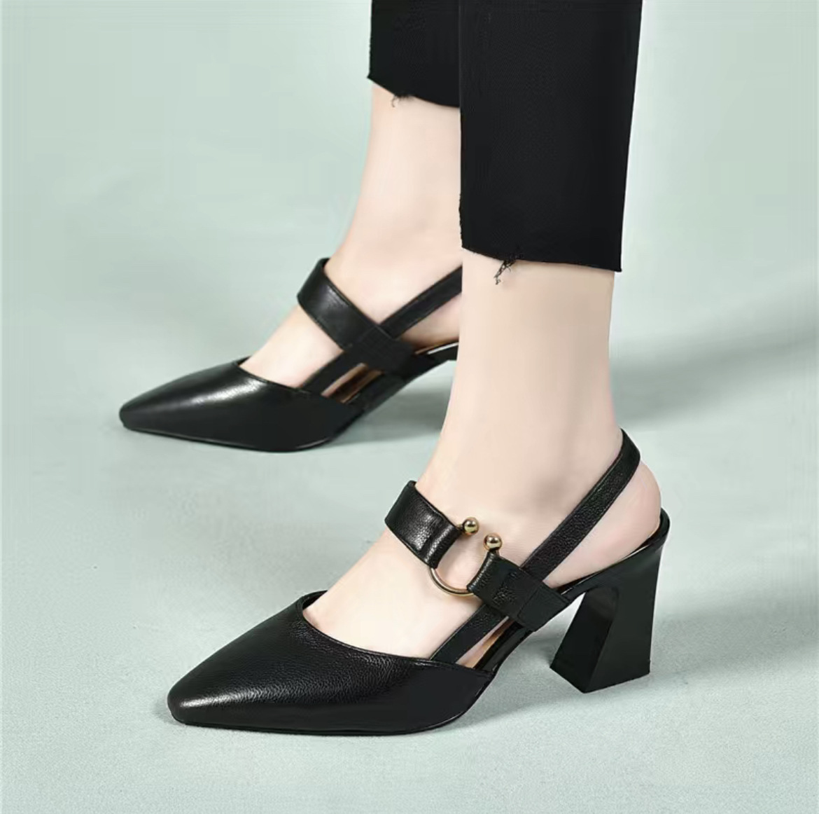 Sandal nữ mũi nhọn quai ngang da thật gót 5 cm — Màu mơ 5 cm