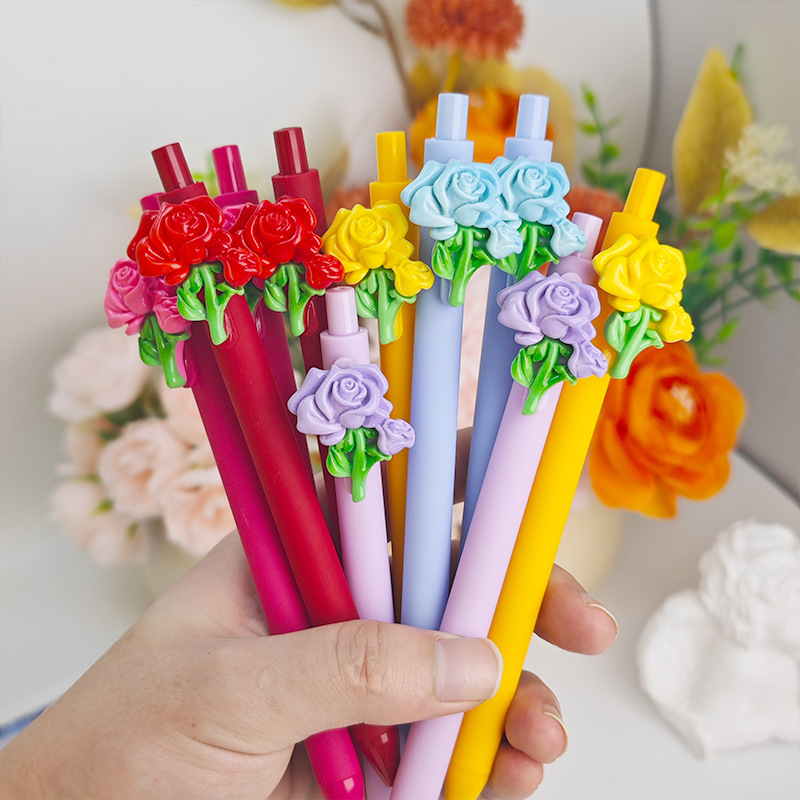 Cross-Border Creative Colorful Rose Shape Press Pen Cartoon Press Gel Pen Campus Design Student Stationery Pen