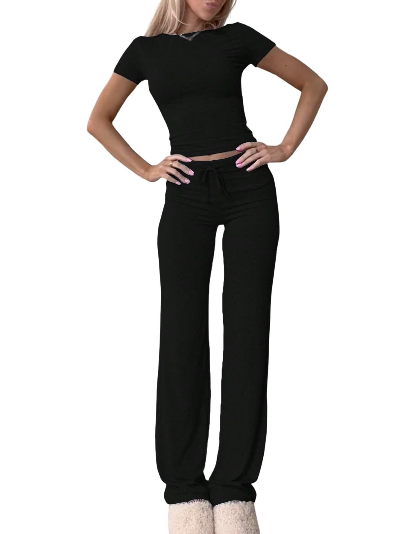 2025 European And American Cross-Border New Casual Set Short Sleeve Top Long Pants Homewear Sportswear Yoga Wear_ecoleips.com