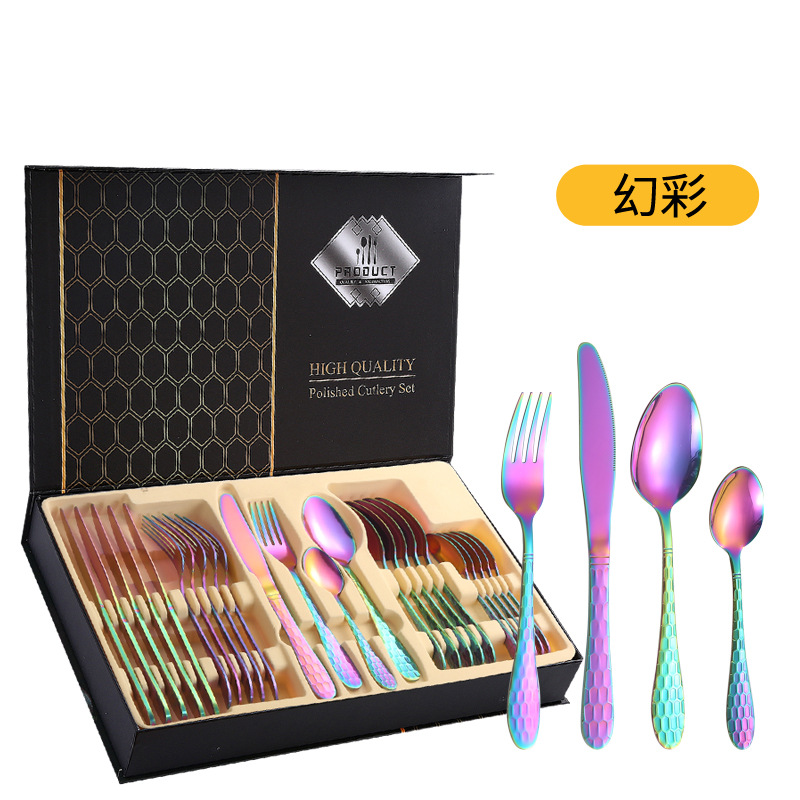 Cuchilleras de acero inoxidable 24 piezas de restaurante de hotel cuchillo y tenedor cucharas conjuntos conjuntos de caja de regalo de serie de cubo de agua transfronteriza