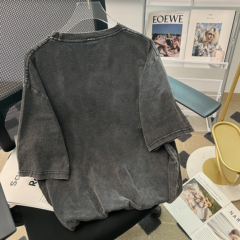 High Street Retro Washed Worn Printed Short Sleeved T shirt Hip Hop Casual Mid Length Coat Trendy