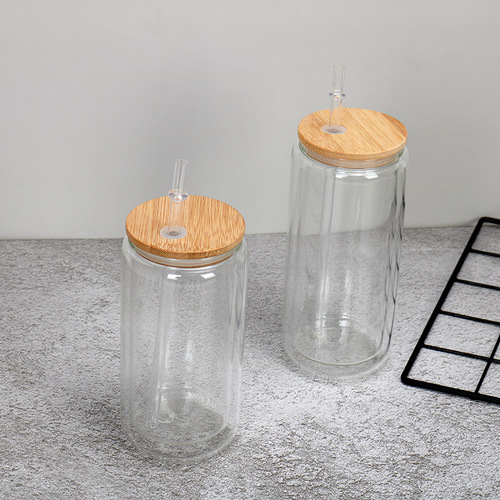 Heat sublimation 12oz heat transfer glass cup frosted glass Mason cup coated cup bamboo lid glass cup cola can