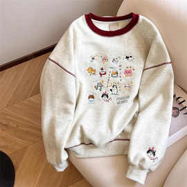 日系复古撞色可爱刺绣小猫卫衣男女款秋冬加绒加厚宽松无帽子上衣