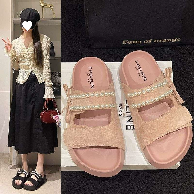 Верхняя одежда на толстой подошве с юбкой, женские тапочки Birkenstock с жемчугом, новые летние универсальные тапочки в сказочном стиле, увеличивающие рост, 2025 г.