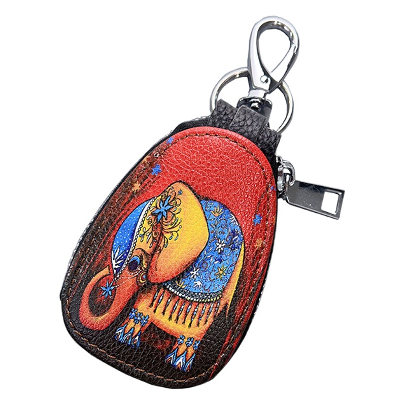 2023 New genuine leather women's key case retro ethnic style fashion zipper ornaments car key color printing women's bag