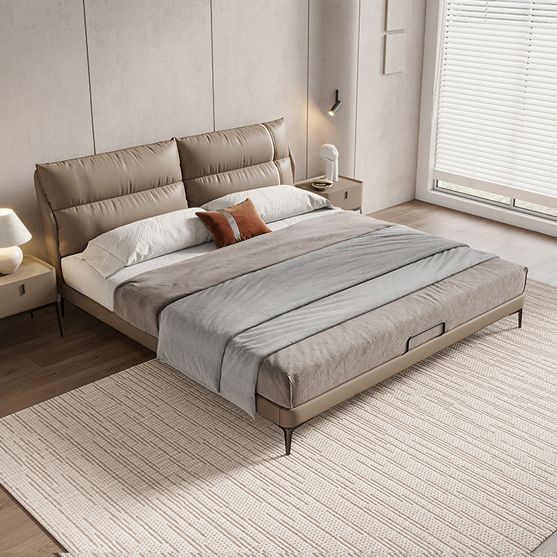 2023 nueva cama de cuero genuino italiano minimalista dormitorio principal cama 1,8 m moderno minimalista abajo bolsa suave cama doble