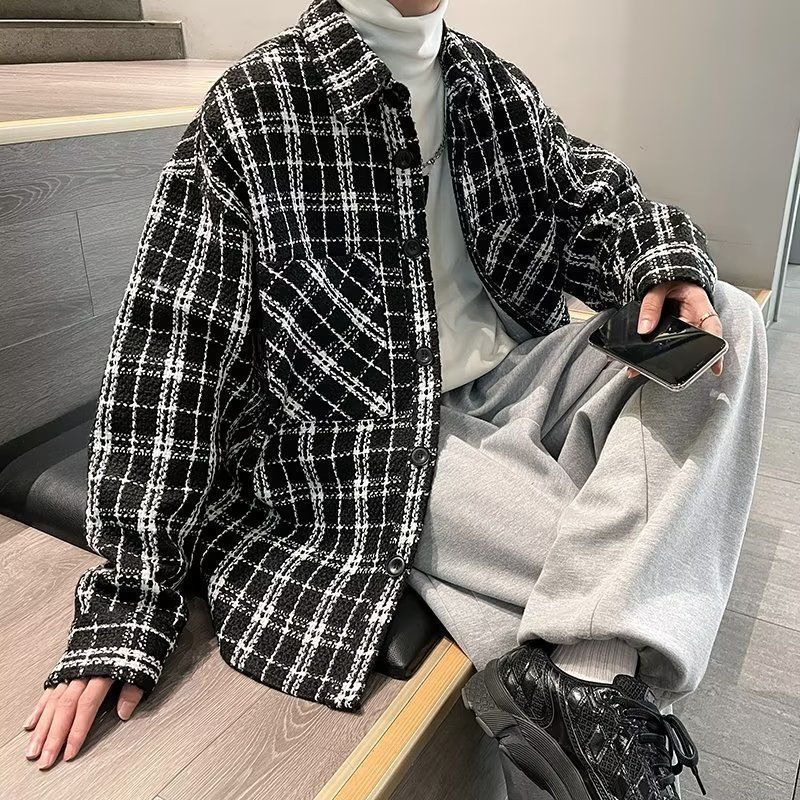 Abrigo de lana de estilo Chanel para hombre Otoño e Invierno camisa de marca de moda a cuadros de alta calidad solapa volante guapo chaqueta suelta moda