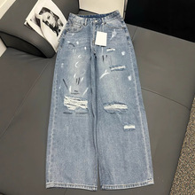 南油高端女装 2025夏季新款Ac风手绘涂鸦破洞高腰阔腿牛仔长裤女