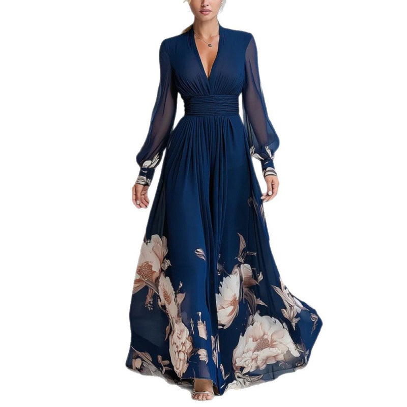 Women's Clothing Spring Long Mesh Patchwork French Slim Fit Dress, Versatile Printed Maxi Dress For Women_voghion.com