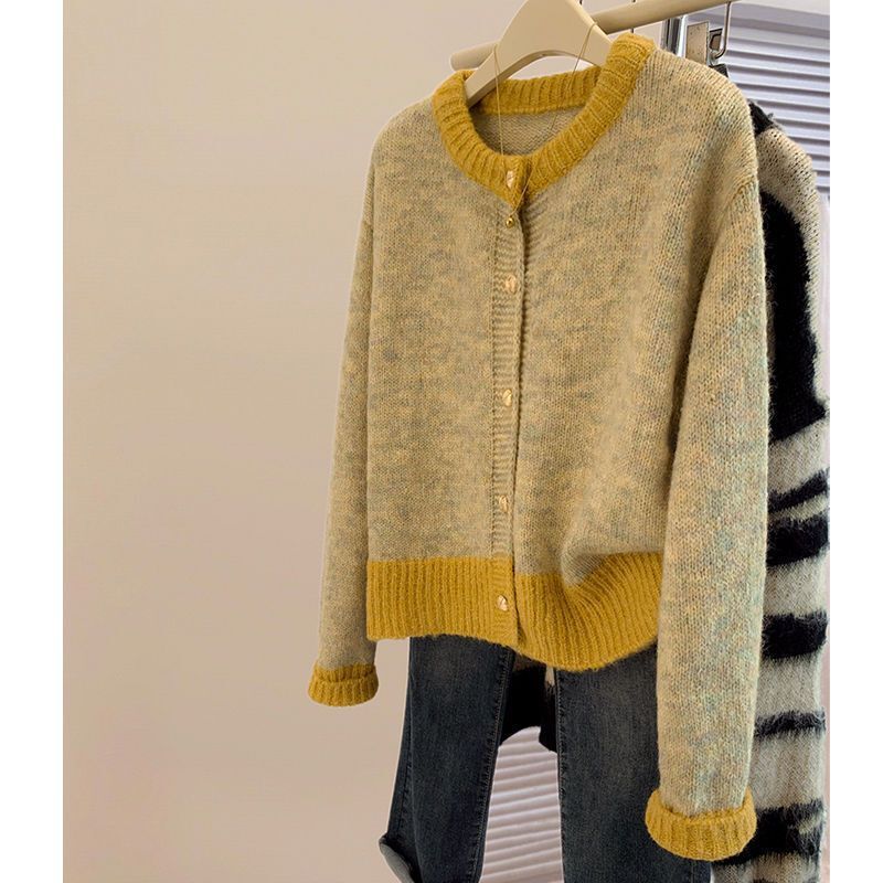 Fragrant Yellow Short Sweater Jacket Spring and Autumn New Style Lazy Petite Knitted Cardigan Top