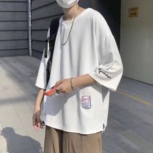 夏季潮牌七分袖t恤男宽松大码加肥重磅情侣短袖衣服潮流五分袖男