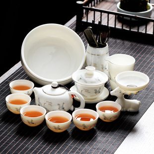 suit Tea Set Home Tea Bowl Pot Light Luxury Office Meeting Kung Fu Tea Cup High-end White Ceramic Set of Mat Fat Jade
