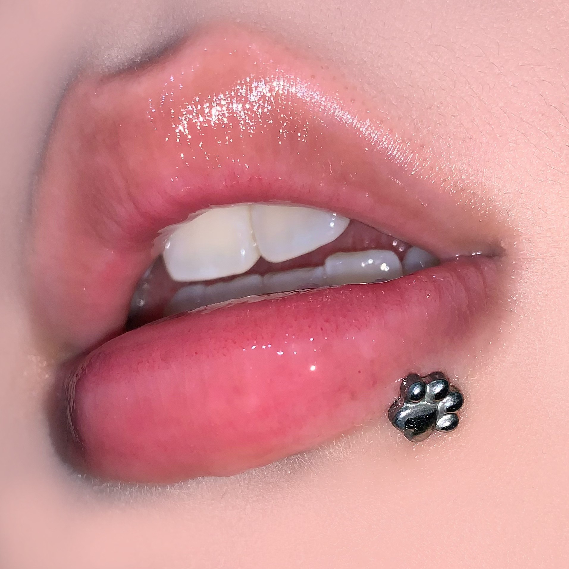 Silver pointed spike labret stud material detail