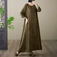 Платье с длинным рукавом, хлопок и лен, круглый ворот, оверсайз