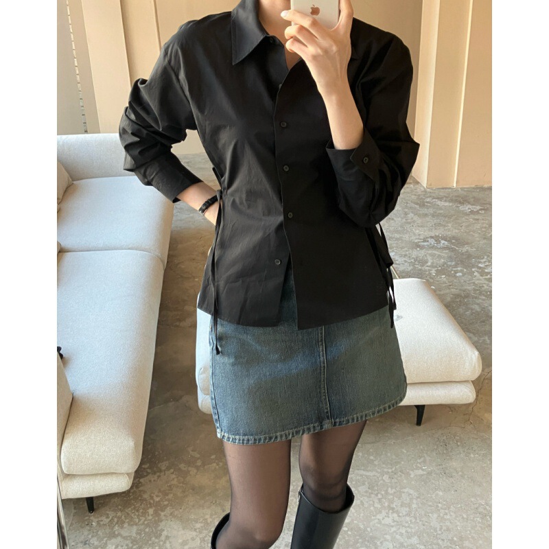 Long-Sleeved French Shirt with Straps, Single-Breasted Slimming Lapel, Early Spring Korean Design Niche Top with Waist Long-Sleeved French Shirt with Straps, Single-Breasted Slimming Lapel, Early Spring Korean Design Niche Top with Waist