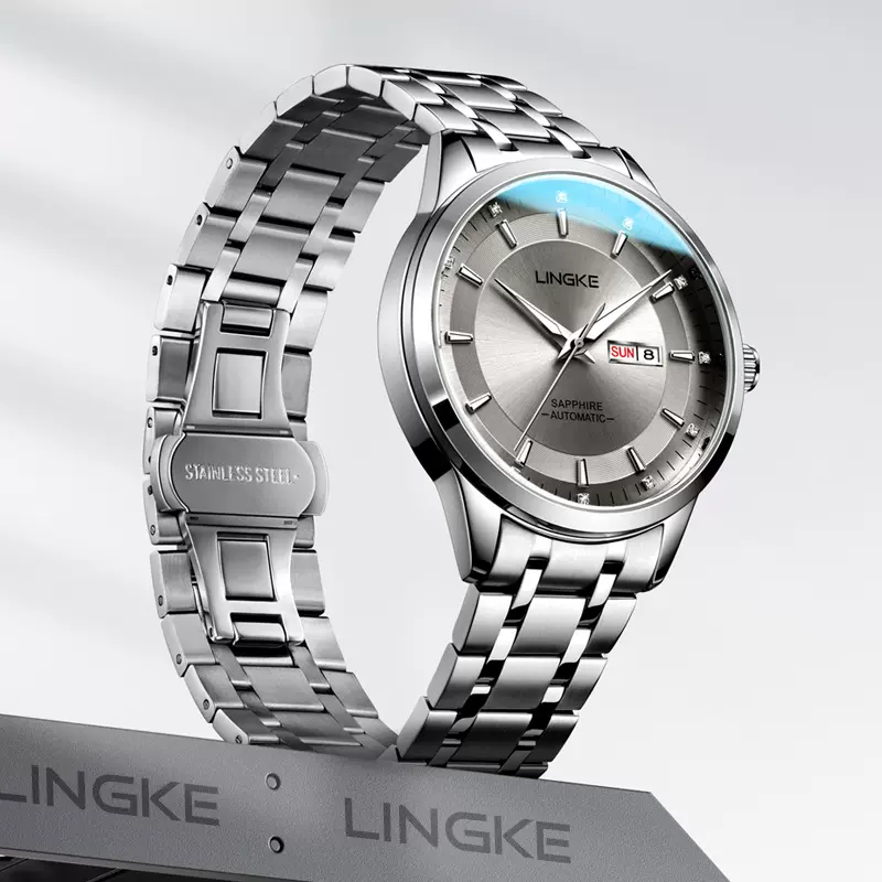 Lingke凌刻瑞士商务男士全自动机械表夜光防水钢带双日历超薄代发