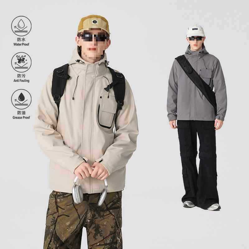 Outdoor Soft Shell Jacket Men's Autumn and Winter Thickeneded Windproof and Waterproof Hooded Jacket Black Khaki Powder-Free Gray