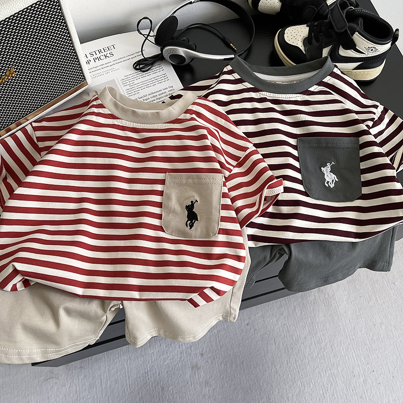 Cross-Border Boys' Suit 2026 Summer Kidsren's Clothing New Red Stripesd T-Shirt Baby Boy Summer Short-Sleeved Two-Piece Set