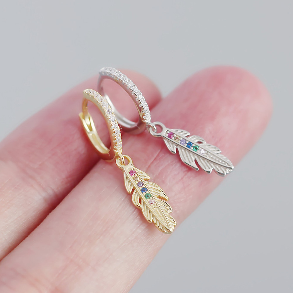 Gem Inlay Material 925 Sterling Silver Gem Feather Earrings