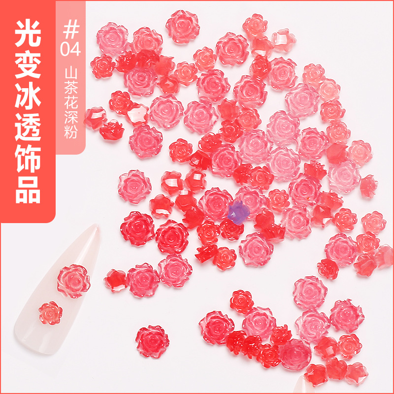 Nuevo estilo japonés de belleza de uñas de luz amor camellia hielo transparente perforación de diamante fresco sensación de luz decoloración transparente joyería de uñas