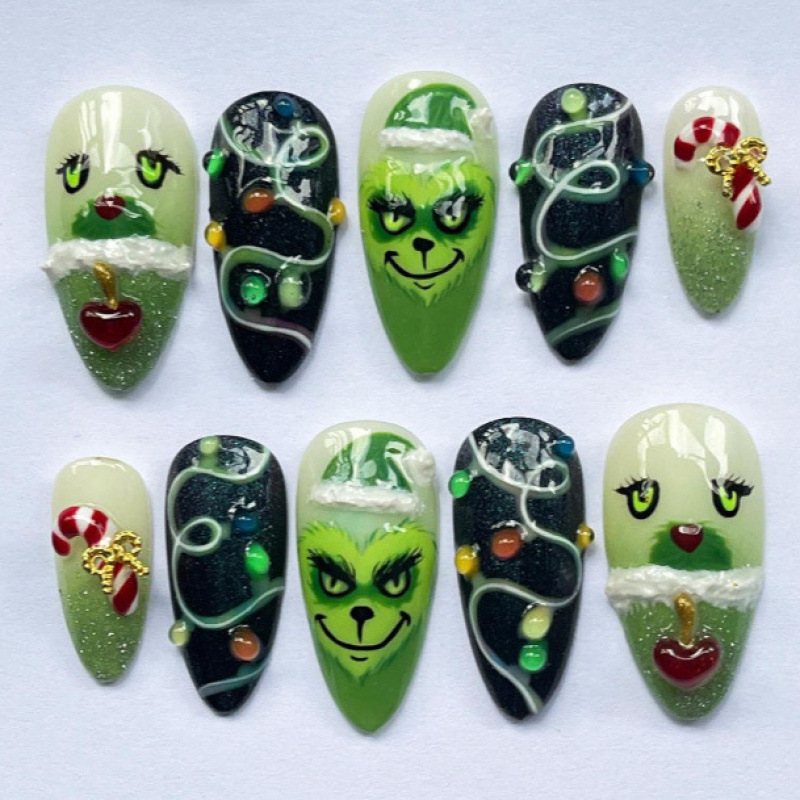 24 Pieces of Christmas Hot-Selling Grinch Almond Wearable Nails Painted 3D Colorfulful Bells Green-Haired Monster Handmade Diamond Nail Art