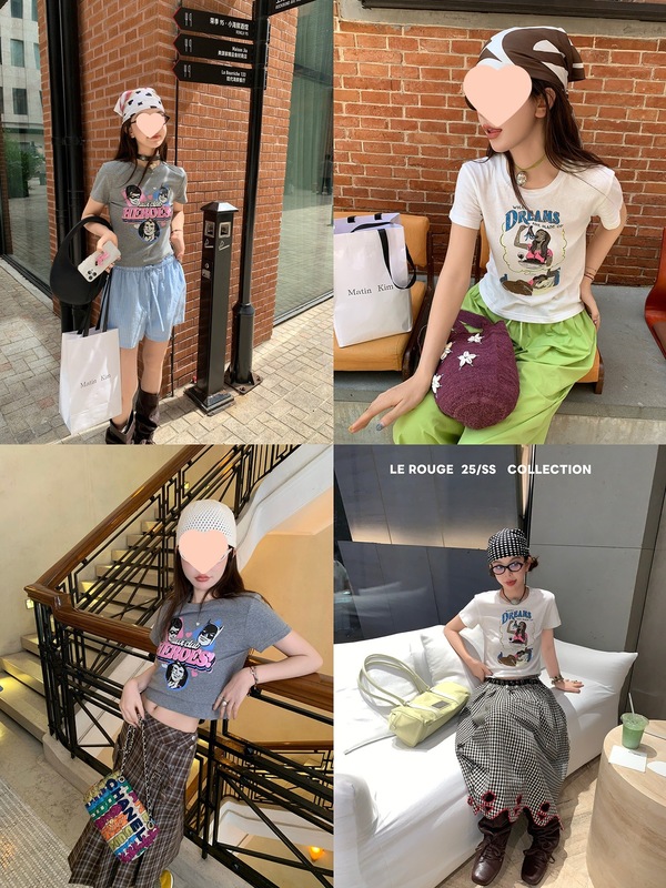 ル・ルージュ 周美梅 【9日20時新作】ラウンドネック レトロポートレートレタープリント半袖Tシャツ|undefined