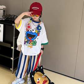 男童装条纹防蚊裤子时髦套装洋气2026新款夏季儿童短袖T恤两件套