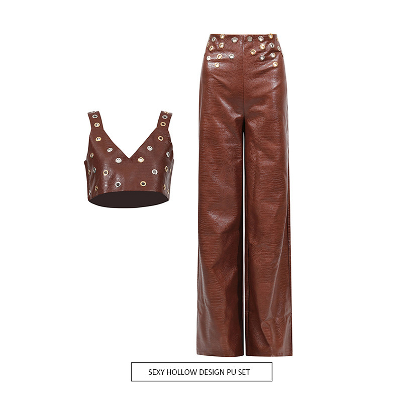 Trendy Sexy Hollow-Out Set 2026 New Style Metal-Decorated Pu Leather Short Top + Fashionable High-Waisted Long Pants